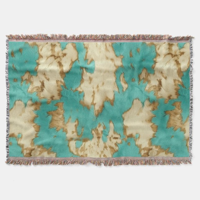Turquoise Brown Cream Animal Cowhide Western  Throw Blanket (Front)
