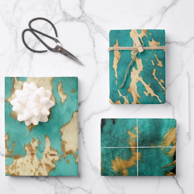 Turquoise Brown Cream Animal Cowhide Western  Wrapping Paper Sheet (Front)