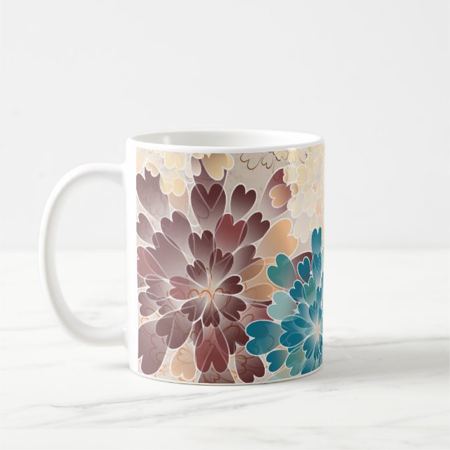 Turquoise Brown & Cream Flowers Retro Coffee Mug (Left)