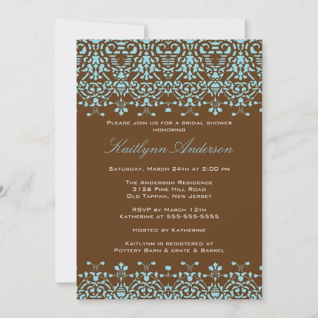 Turquoise & Brown Damask Bridal Shower Invitation (Front)