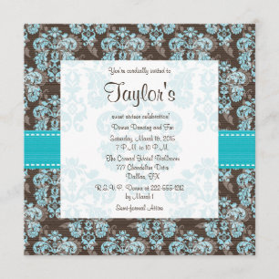 Turquoise Brown Damask Sweet Sixteen Invitations