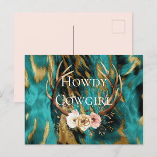 Turquoise Brown Gold Cowhide Deer Antlers Floral Postcard