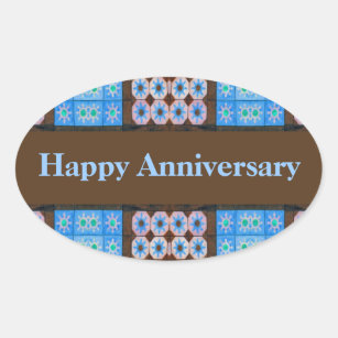 Turquoise Brown Happy Anniversary Oval Sticker