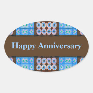 Turquoise Brown Happy Anniversary Oval Sticker