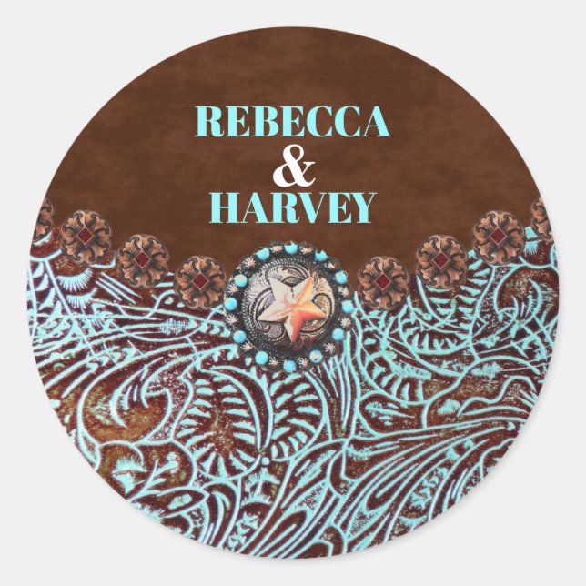 turquoise brown leather country western wedding classic round sticker (Front)