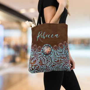 turquoise brown leather cowboy country western tote bag
