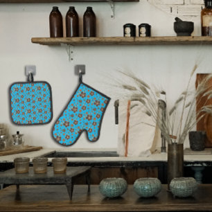 Turquoise brown natural flower oven mitt & pot holder set