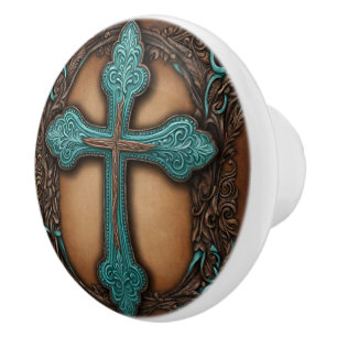 Turquoise Brown Religious Western Country Cross  Ceramic Knob