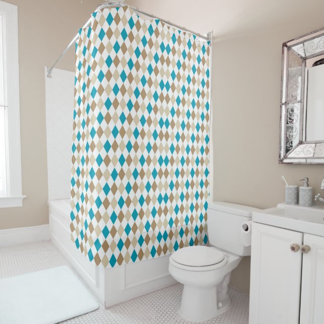TURQUOISE BROWN TAN DIAMOND PATTERN SHOWER CURTAIN (In Situ)