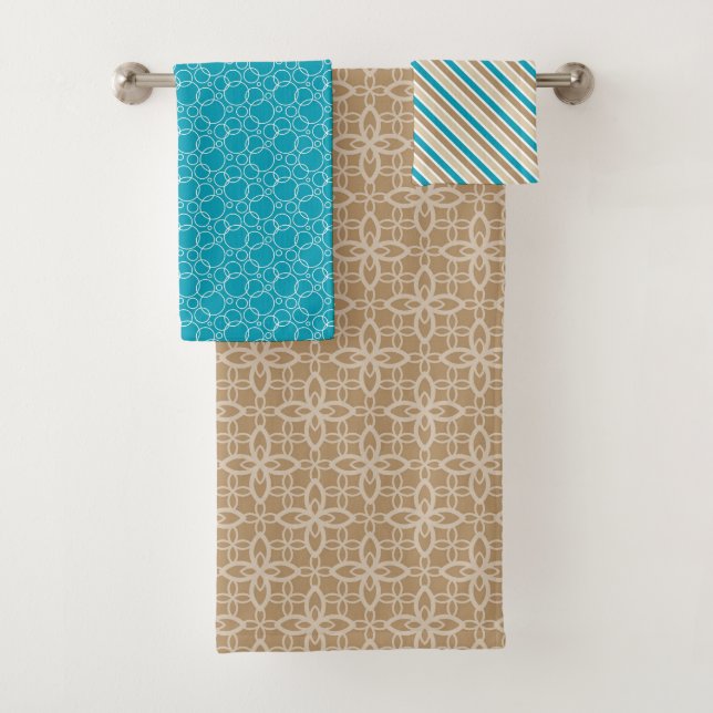 TURQUOISE BROWN & TAN STRIPES PATTERNS BATH TOWEL SET (Insitu)