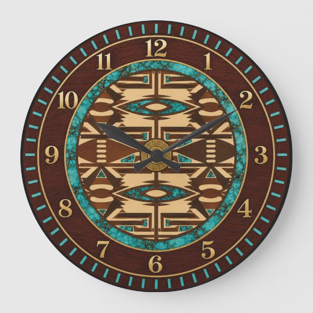 Turquoise & Brown Tribal Tapestry Wall Clock (Front)