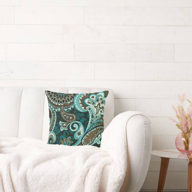 Turquoise Brown Vintage Paisley Cushion (Couch)