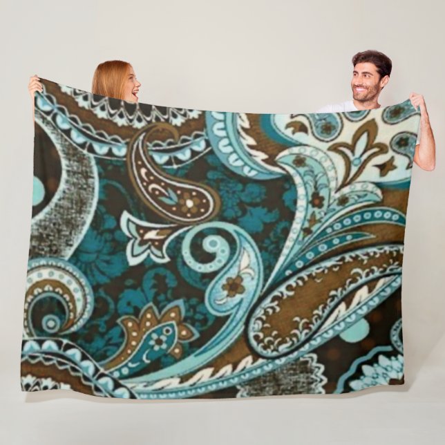Turquoise Brown Vintage Paisley Fleece Blanket (In Situ)