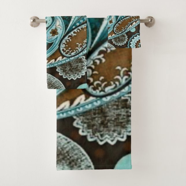 Turquoise Brown Vintage Paisley New Bath Towel Set (Insitu)