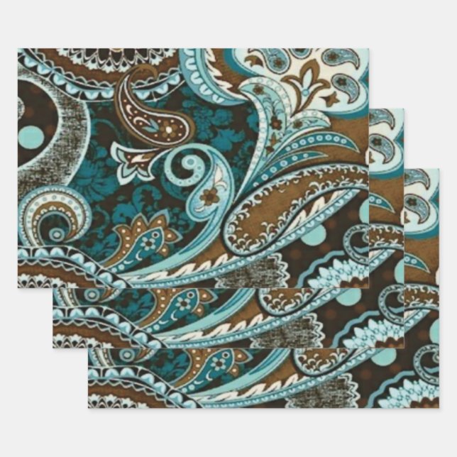 Turquoise Brown Vintage Paisley New Wrapping Paper Sheet (Set)