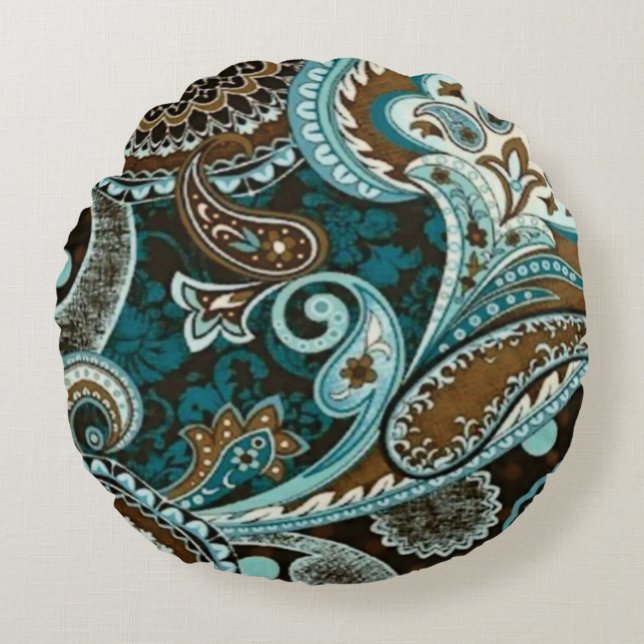 Turquoise Brown Vintage Paisley Round Cushion (Front)