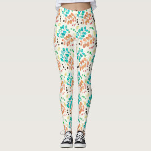 Turquoise & Brown Watercolor Leaf Pattern Leggings
