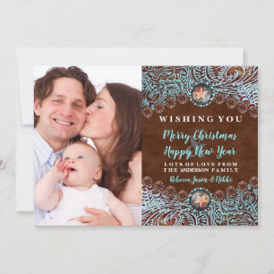 turquoise brown western country Christmas photo Holiday Card