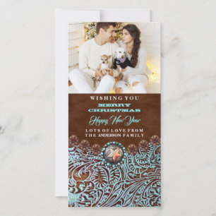 turquoise brown western country Christmas photo Holiday Card
