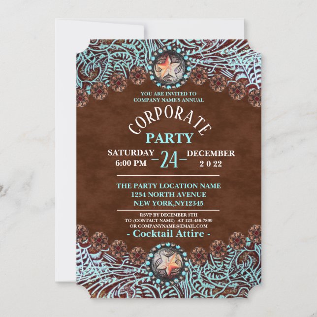turquoise brown western country Corporate Party Invitation (Front)