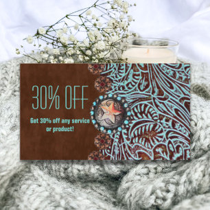 turquoise brown western country tooled leather business card