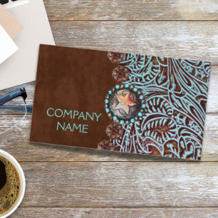 turquoise brown western country tooled leather business card
