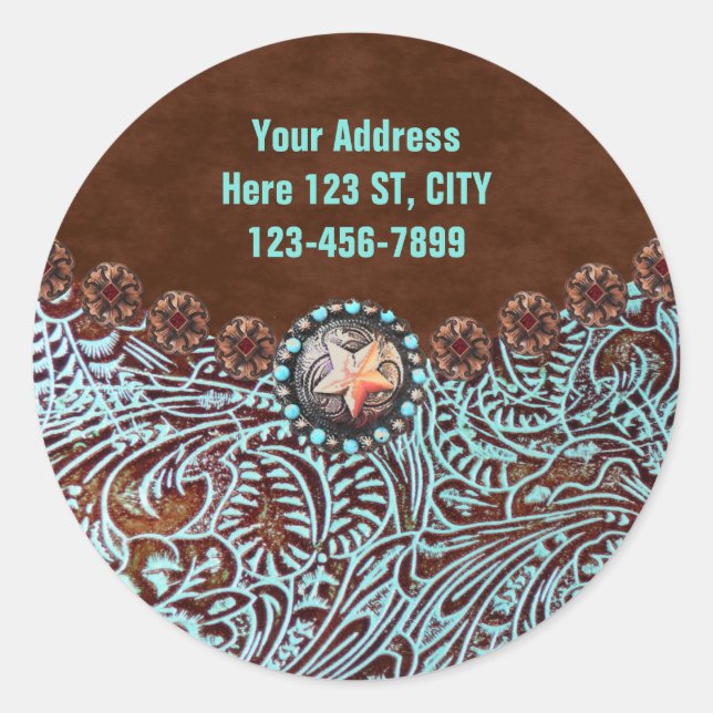 turquoise brown western country tooled leather classic round sticker (Front)
