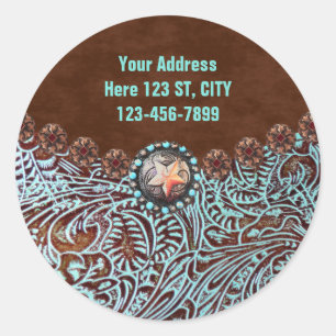 turquoise brown western country tooled leather classic round sticker