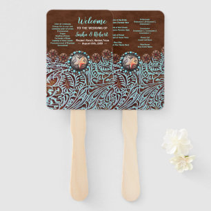 turquoise brown western country wedding programs hand fan