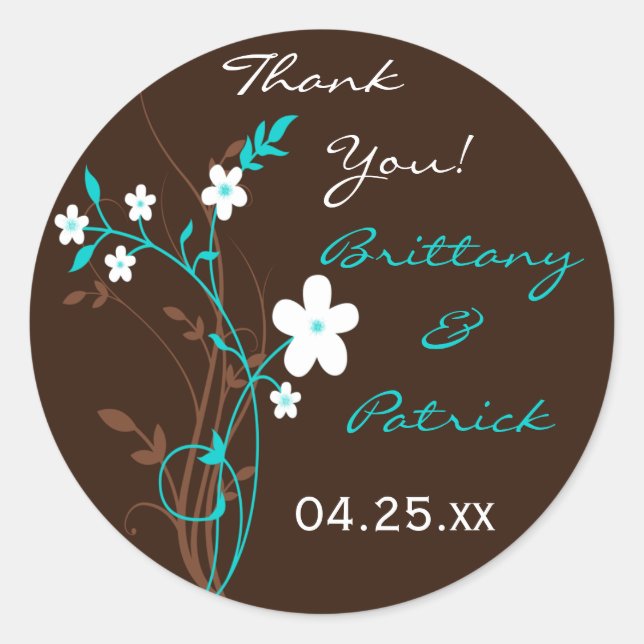 Turquoise Brown White Floral 1.5" Wedding Sticker (Front)