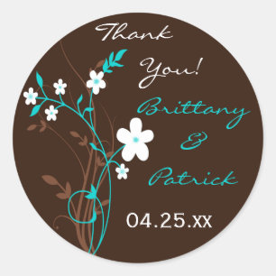 Turquoise Brown White Floral 1.5" Wedding Sticker