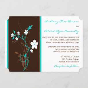 Turquoise, Brown, White Floral Wedding Invitation