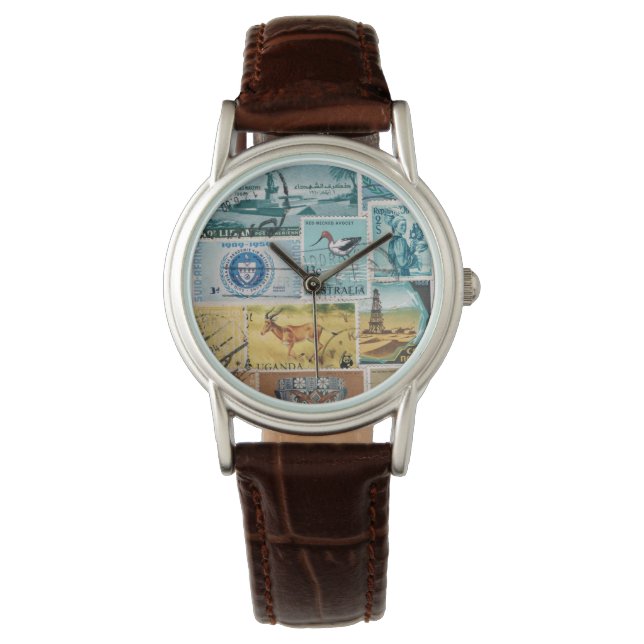 Turquoise Brown Wristwatch, Postage Stamp Art Watch (Front)