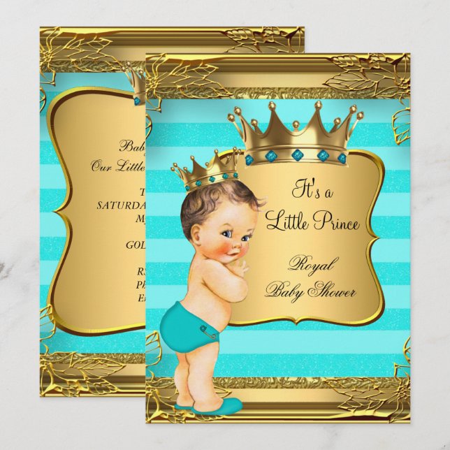Turquoise Brunette Baby Shower Prince Baby Boy Invitation (Front/Back)