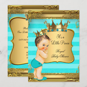 Turquoise Brunette Baby Shower Prince Baby Boy Invitation