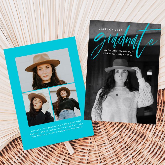 Turquoise Brush Script 4 Photo Graduation Announcement (Creator Uploaded)