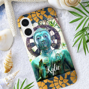 Turquoise Buddha Gold Blue Mosaic Tile Custom Name iPhone 16 Case