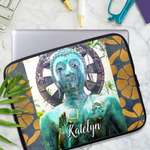 Turquoise Buddha Statue Gold Mosaic Custom Name Laptop Sleeve