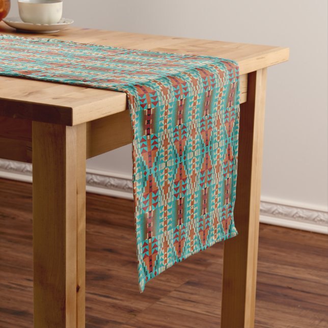 Turquoise Burnt Orange Brown Mosaic Pattern Short Table Runner (In Situ)