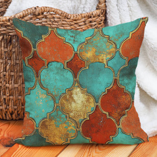 Turquoise Burnt Orange Moroccan Quatrefoil Cushion