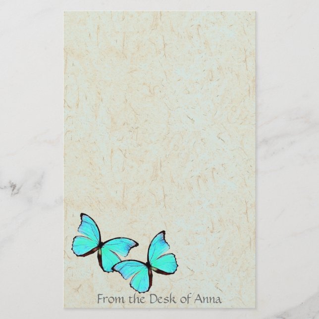 Turquoise Butterfly Faux Handmade Paper Stationery (Front)