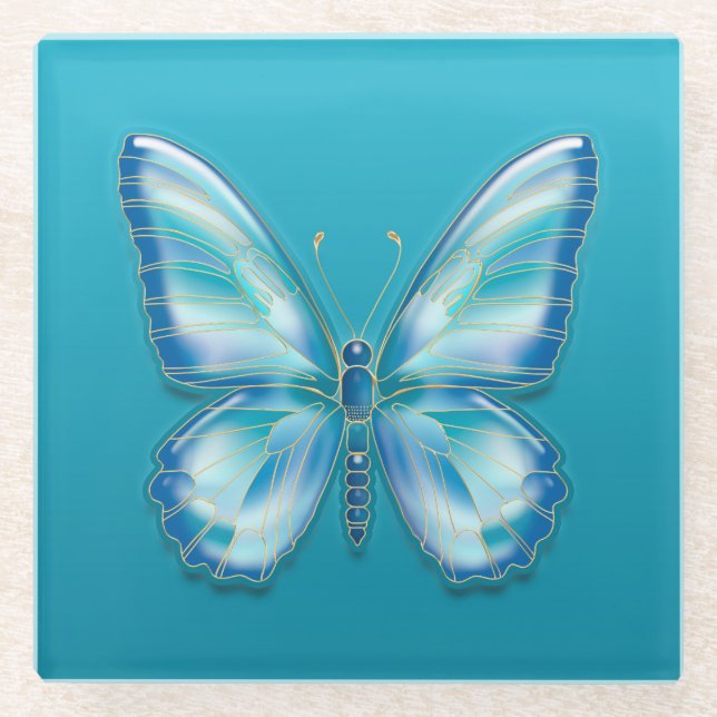 Turquoise Butterfly Glass Coaster (Front)