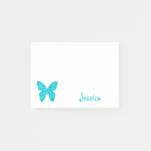 Turquoise Butterfly Personalised Girly Name Post-it Notes (Front)