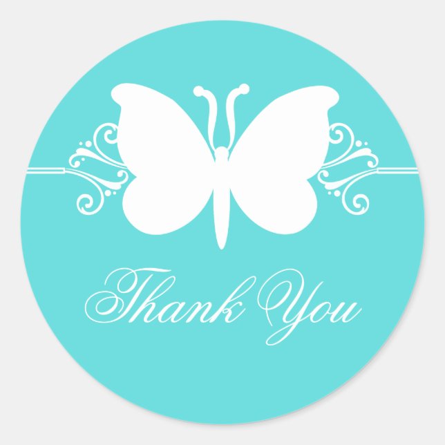 Turquoise Butterfly Swirls Thank You Stickers (Front)