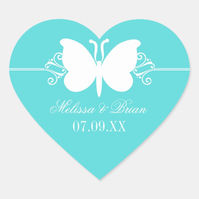 Turquoise Butterfly Swirls Wedding Stickers (Front)