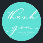Turquoise Calligraphy Wedding Thank You Classic Round Sticker<br><div class="desc">Send thanks with this customisable script thank you stickers. It features modern calligraphy and classic typography with a turquoise background. Personalise this script thank you sticker by adding your details. This turquoise thank you card will be perfect for wedding favours and as an envelope seal.</div>