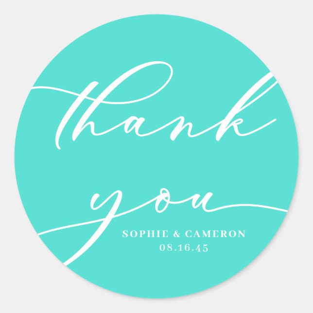 Turquoise Calligraphy Wedding Thank You Classic Round Sticker (Front)
