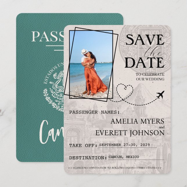 Turquoise Cancun Passport Save The Date (Front/Back)