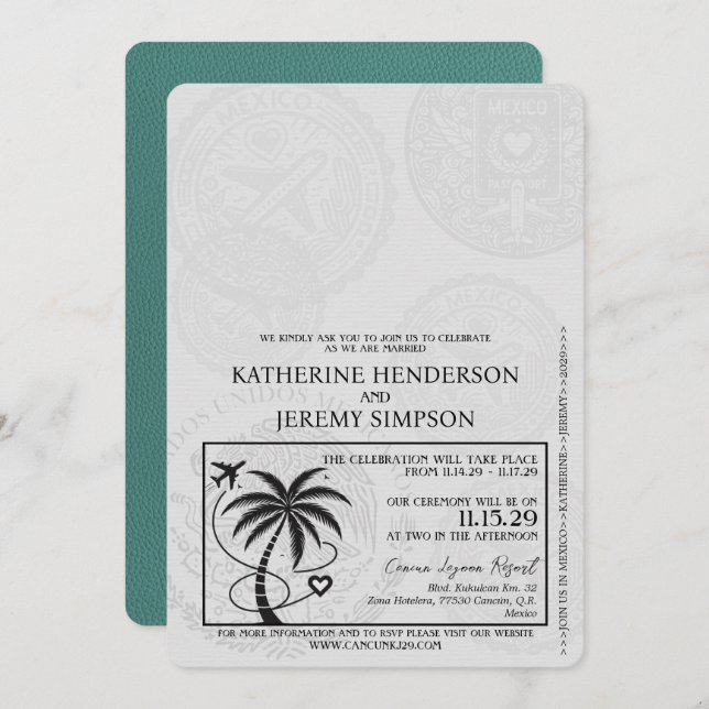 Turquoise Cancun Passport Wedding Invitation (Front/Back)