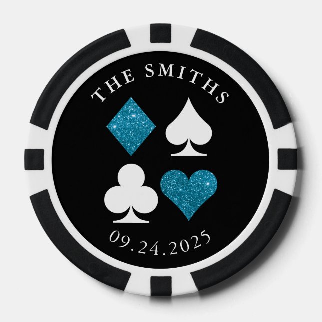 Turquoise Card Suits Wedding Date and Name Favour Poker Chips (Front)
